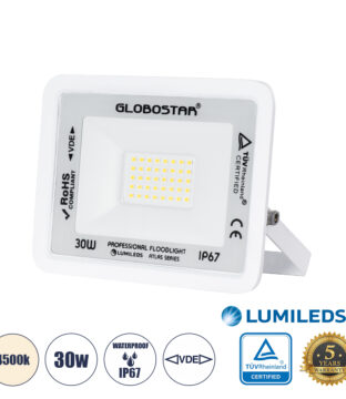 Επαγγελματικός Προβολέας LED 30W 3600lm 120° AC 220-240V – Αδιάβροχος IP67 – Μ16 x Π2.5 x Υ12.5cm – Λευκό – Φυσικό Λευκό 4500K – LUMILEDS Chips – TÜV Rheinland Certified – 5 Years Warranty