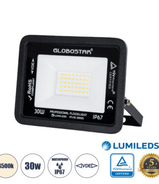 Επαγγελματικός Προβολέας LED 30W 3600lm 120° AC 220-240V – Αδιάβροχος IP67 – Μ16 x Π2.5 x Υ12.5cm – Μαύρο – Φυσικό Λευκό 4500K – LUMILEDS Chips – TÜV Rheinland Certified – 5 Years Warranty