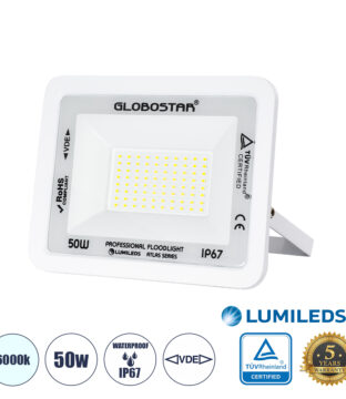 Επαγγελματικός Προβολέας LED 50W 6250lm 120° AC 220-240V – Αδιάβροχος IP67 – Μ21 x Π3.5 x Υ16cm – Λευκό – Ψυχρό Λευκό 6000K – LUMILEDS Chips – TÜV Rheinland Certified – 5 Years Warranty