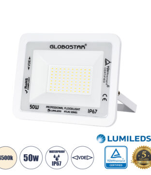 Επαγγελματικός Προβολέας LED 50W 6000lm 120° AC 220-240V – Αδιάβροχος IP67 – Μ21 x Π3.5 x Υ16cm – Λευκό – Φυσικό Λευκό 4500K – LUMILEDS Chips – TÜV Rheinland Certified – 5 Years Warranty