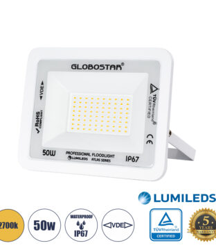 Επαγγελματικός Προβολέας LED 50W 5750lm 120° AC 220-240V – Αδιάβροχος IP67 – Μ21 x Π3.5 x Υ16cm – Λευκό – Θερμό Λευκό 2700K – LUMILEDS Chips – TÜV Rheinland Certified – 5 Years Warranty