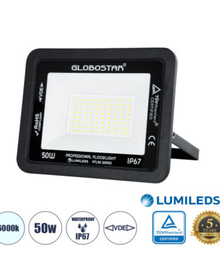 Επαγγελματικός Προβολέας LED 50W 6250lm 120° AC 220-240V – Αδιάβροχος IP67 – Μ21 x Π3.5 x Υ16cm – Μαύρο – Ψυχρό Λευκό 6000K – LUMILEDS Chips – TÜV Rheinland Certified – 5 Years Warranty