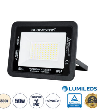 Επαγγελματικός Προβολέας LED 50W 6000lm 120° AC 220-240V – Αδιάβροχος IP67 – Μ21 x Π3.5 x Υ16cm – Μαύρο – Φυσικό Λευκό 4500K – LUMILEDS Chips – TÜV Rheinland Certified – 5 Years Warranty