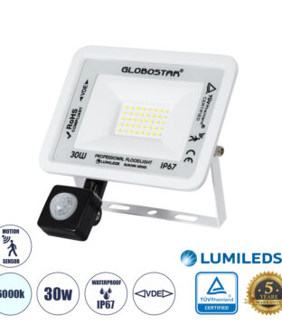 Επαγγελματικός Προβολέας LED 30W 3750lm 120° AC 220-240V με Ενσωματωμένο Ρυθμιζόμενο Αισθητήρα Κίνησης PIR – Αδιάβροχος IP67 – Μ16 x Π5 x Υ17.5cm – Λευκό – Ψυχρό Λευκό 6000K – LUMILEDS Chips – TÜV Rheinland Certified – 3 Years Warranty