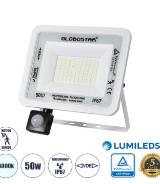 Επαγγελματικός Προβολέας LED 50W 6250lm 120° AC 220-240V με Ενσωματωμένο Ρυθμιζόμενο Αισθητήρα Κίνησης PIR – Αδιάβροχος IP67 – Μ21 x Π5 x Υ21cm – Λευκό – Ψυχρό Λευκό 6000K – LUMILEDS Chips – TÜV Rheinland Certified – 3 Years Warranty