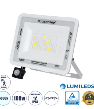 Επαγγελματικός Προβολέας LED 100W 12500lm 120° AC 220-240V με Ενσωματωμένο Ρυθμιζόμενο Αισθητήρα Κίνησης PIR – Αδιάβροχος IP67 – Μ25 x Π6.5 x Υ27.5cm – Λευκό – Ψυχρό Λευκό 6000K – LUMILEDS Chips – TÜV Rheinland Certified – 3 Years Warranty