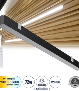 Γραμμικό Φωτιστικό Τοίχου – Απλίκα Linear LED CCT 72W 8600lm 120° AC 220-240V Μ120 x Π5.5 x Υ7cm – Εναλλαγή Φωτισμού μέσω Τηλεχειριστηρίου All In One Ψυχρό 6000k+Φυσικό 4500k+Θερμό 2700k Dimmable – Μαύρο – 3 Years Warranty