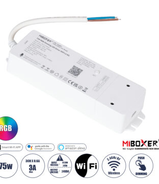 WL3-P75V24 Mi-BOXER DC Smart Wifi & RF 2.4Ghz & Push Dimming Power Supply Τροφοδοτικό SELV & Controller / Dimmer All in One 3 Καναλιών AC100-240V σε DC 24V 3 x 0.6A 14.4W – Max 3A 75W – IP20 RGB Μ19 x Π5.5 x Υ3.2cm – 5 Years Warranty