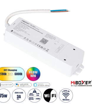 WL5-P75V24 Mi-BOXER DC Smart Wifi & RF 2.4Ghz Power Supply Τροφοδοτικό SELV & Controller / Dimmer All in One 5 Καναλιών AC100-240V σε DC 24V 5 x 0.6A 14.4W – Max 3A 75W – IP20 RGBW+WW Μ19 x Π5.5 x Υ3.2cm – 5 Years Warranty