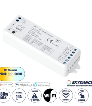 DC WiFi & RF 2.4Ghz Dimmer High Speed Controller 2 Καναλιών DC 12-36V 2 x 5A 180W – Max 10A 180W – IP20 Μ11.5 x Π3.5 x Υ2cm – 5 Years Warranty