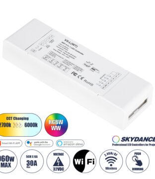 DC WiFi & RF 2.4Ghz Dimmer High Speed Controller 5 Καναλιών DC 12-48V 5 x 6A 288W – Max 30A 1440W – IP20 Μ18 x Π5.7 x Υ2.8cm – 5 Years Warranty