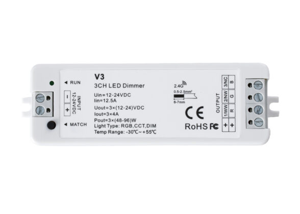 DC RF 2.4Ghz Dimmer High Speed Controller 3 Καναλιών DC 12-24V 3 x 5A 96W - Max 12A 288W - IP20 Μ10 x Π3.5 x Υ2cm - 5 Years Warranty