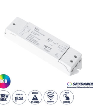 DC RF 2.4Ghz Dimmer High Speed Controller & Push Dimming 3 Κανάλια DC 12-48V 3 x 6A 288W – Max 18.5A 288W – IP20 Μ17.5 x Π4.5 x Υ2.5cm – 5 Years Warranty