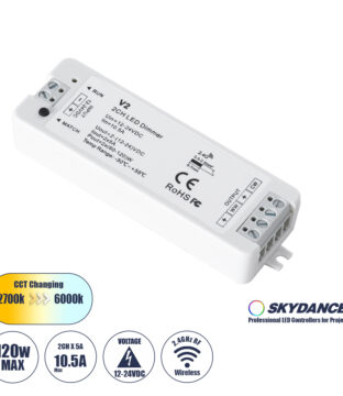 DC RF 2.4Ghz Dimmer High Speed Controller 2 Καναλιών DC 12-24V 2 x 5A 120W – Max 10.5A 252W – IP20 Μ10 x Π3.5 x Υ2cm – 5 Years Warranty