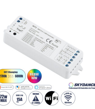 WiFi & RF 2.4Ghz Dimmer High Speed Controller 5 Καναλιών DC 12-24V 5 x 3A 72W – Max 15A 360W – IP20 Μ10 x Π4 x Υ2cm – 5 Years Warranty