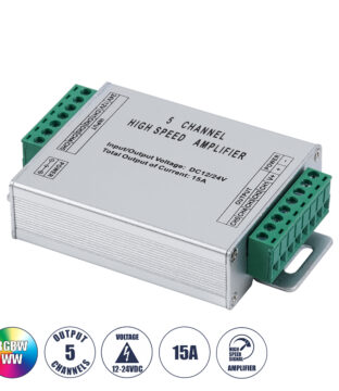 High Speed LED Amplifier 5 Channels – Ενισχυτής Σήματος Υψηλών Ταχυτήτων LED 5 Καναλιών DC 12-24V RGBW+WW Max 360W Μ10.5 x Π6.3 x Υ2.3cm