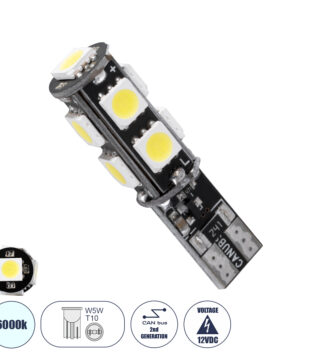 Λάμπα Αυτοκίνητου LED T10 W5W 2rd Generation Can-Bus Series 9xSMD5050 4.14W 540lm 360° DC 12-16V IP20 Φ1 x Υ3.9cm Ψυχρό Λευκό 6000K