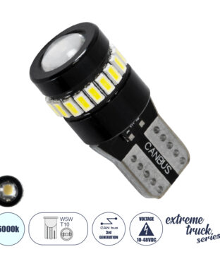 Λάμπα Αυτοκινήτου LED T10 W5W 3rd Generation Can-Bus Extreme Truck Series 18xSMD3014 1.3W 156lm 360° DC 10-48V IP20 Φ1.2 x Υ2.8cm Ψυχρό Λευκό 6000K