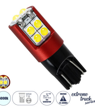 Λάμπα Αυτοκινήτου LED T10 W5W 3rd Generation Can-Bus Extreme Truck Series 10xSMD3535 2W 240lm 360° DC 24-48V IP20 Φ1.1 x Υ3.1cm Ψυχρό Λευκό 6000K