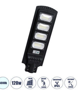 Αυτόνομο Ηλιακό Φωτιστικό Δρόμου 120W 1200lm 192 x LED SMD 5730 με Ενσωματωμένο Φωτοβολταϊκό Panel 6V 15W & Επαναφορτιζόμενη Μπαταρία Li-ion 3.2V 15000mAh με Αισθητήρα Ημέρας-Νύχτας & PIR Αισθητήρα Κίνησης – Αδιάβροχο IP65 – Ψυχρό Λευκό 6000K – Μ24 x Π6 x Υ73cm – 2 Years Warranty