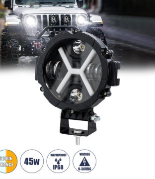 Φώτα Εργασίας για Οχήματα και JEEP με X Light DRL & Φλας LED High Power 45W 4500lm DC 9-36V Αδιάβροχo IP68 Πορτοκαλί & Ψυχρό Λευκό 6000K M17.5 x Π8.5 x Υ20cm