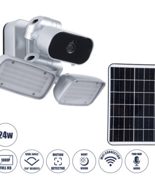 Αυτόνομος Ηλιακός Προβολέας LED SMD 24W 1200lm με IP Camera 1080P 2MP WiFi 150° Μοιρών – Ενσωματωμένη Μπαταρία 3200mAh – Φωτοβολταϊκό Πάνελ – Αισθητήρα Ημέρας-Νύχτας & Ρύθμιση Χρόνου Ανάμματος – Αδιάβροχος IP66 Ψυχρό Λευκό 6000K – Ασημί