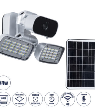 Αυτόνομος Ηλιακός Προβολέας LED SMD 24W 1200lm με IP Camera 1080P 2MP 4G SIM CARD WiFi 150° Ενσωματωμένη Μπαταρία 3200mAh Φωτοβολταϊκό Πάνελ Αισθητήρα Ημέρας-Νύχτας & Ρύθμιση Χρόνου Ανάμματος Αδιάβροχος IP66 Ψυχρό Λευκό 6000K – Ασημί