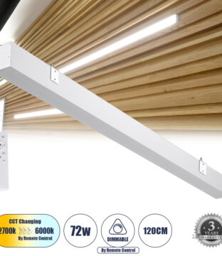 Γραμμικό Φωτιστικό Τοίχου – Απλίκα Linear LED CCT 72W 8600lm 120° AC 220-240V Μ120 x Π5.5 x Υ7cm – Εναλλαγή Φωτισμού μέσω Τηλεχειριστηρίου All In One Ψυχρό 6000k+Φυσικό 4500k+Θερμό 2700k Dimmable – Λευκό – 3 Years Warranty