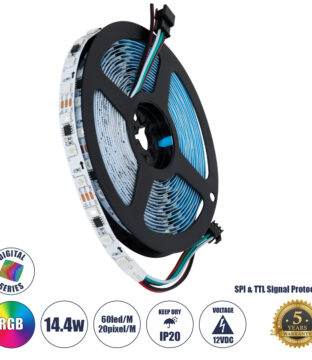 Ψηφιακή Ταινία LED SMD 5050 14.4W/m 60LED/m 20PIXEL/m SPI/TTL Protocol IC WS2811/UCS16703 1152lm/m 120° DC 12V IP20 RGB – Λευκό Σώμα – Μ5000 x Π10 x Υ2mm – Συσκευασία 5 Μέτρων – 5 Χρόνια Εγγύηση