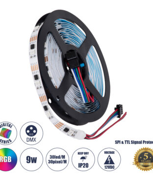 Ψηφιακή Ταινία LED SMD 5050 9W/m 30LED/m 30PIXEL/m SPI/TTL Protocol IC TM1908 720lm/m 120° DC 12V IP20 RGB – Λευκό Σώμα – Μ5000 x Π10 x Υ2mm – Συσκευασία 5 Μέτρων – 5 Χρόνια Εγγύηση