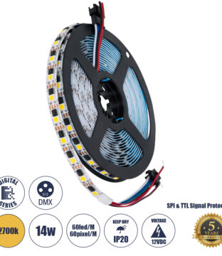 Ψηφιακή Ταινία LED SMD 5050 14.4W/m 60LED/m 60PIXEL/m SPI/TTL Protocol IC TM1908 1296lm/m 120° DC 12V IP20 Θερμό Λευκό 2700K – Λευκό Σώμα – Μ5000 x Π10 x Υ2mm – Συσκευασία 5 Μέτρων – 5 Χρόνια Εγγύηση