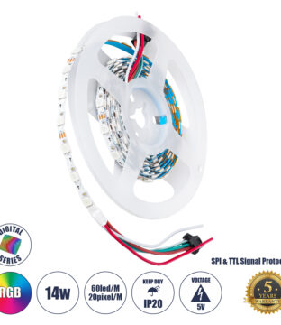 Ψηφιακή Ταινία LED SMD 5050 14.4W/m 60LED/m 20PIXEL/m SPI/TTL Protocol IC WS2812/SK6812 1152lm/m 120° DC 5V IP20 RGB – Λευκό Σώμα – Μ2000 x Π6 x Υ2mm – Συσκευασία 2 Μέτρων – 5 Χρόνια Εγγύηση