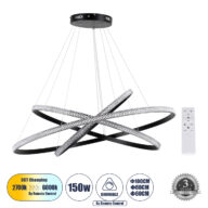 Κρεμαστό Φωτιστικό Δαχτυλίδι-Κύκλος LED CCT 150W 18379lm 360° AC 220-240V – Εναλλαγή Φωτισμού μέσω Τηλεχειριστηρίου All In One Ψυχρό 6000k+Φυσικό 4500k+Θερμό 2700k Dimmable Φ60+80+100cm – Μαύρο – 3 Years Warranty