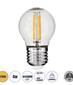 Λάμπα LED Long Filament E27 G45 Γλομπάκι 4W 400lm 360° AC 220-240V IP20 Φ4.5 x Υ7.5cm Θερμό Λευκό 2700K με Διάφανο Γυαλί – Dimmable – 3 Years Warranty