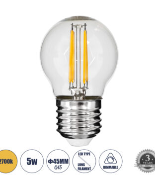 Λάμπα LED Long Filament E27 G45 Γλομπάκι 5W 500lm 360° AC 220-240V IP20 Φ4.5 x Υ7.5cm Θερμό Λευκό 2700K με Διάφανο Γυαλί – Dimmable – 3 Years Warranty