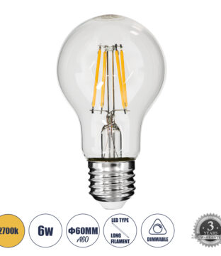 Λάμπα LED Long Filament E27 A60 Γλόμπος 6W 600lm 360° AC 220-240V IP20 Φ6 x Υ10.5cm Θερμό Λευκό 2700K με Διάφανο Γυαλί – Dimmable – 3 Years Warranty