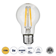 Λάμπα LED Long Filament E27 A60 Γλόμπος 8W 800lm 360° AC 220-240V IP20 Φ6 x Υ10.5cm Θερμό Λευκό 2700K με Διάφανο Γυαλί – Dimmable – 3 Years Warranty