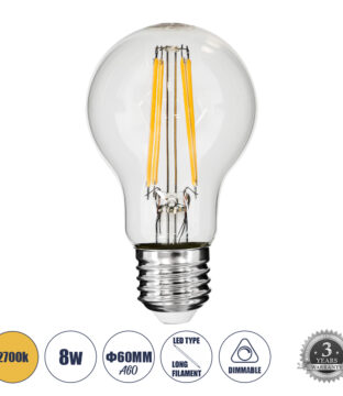 Λάμπα LED Long Filament E27 A60 Γλόμπος 8W 800lm 360° AC 220-240V IP20 Φ6 x Υ10.5cm Θερμό Λευκό 2700K με Διάφανο Γυαλί – Dimmable – 3 Years Warranty