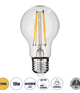 Λάμπα LED Long Filament E27 A60 Γλόμπος 10W 1000lm 360° AC 220-240V IP20 Φ6 x Υ10.5cm Θερμό Λευκό 2700K με Διάφανο Γυαλί – Dimmable – 3 Years Warranty