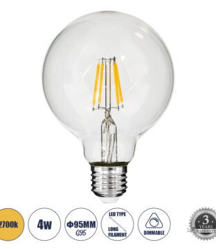 Λάμπα LED Long Filament E27 G95 Γλόμπος 4W 400lm 360° AC 220-240V IP20 Φ9.5 x Υ13.5cm Θερμό Λευκό 2700K με Διάφανο Γυαλί – Dimmable – 3 Years Warranty