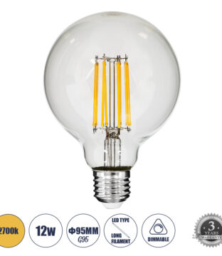 Λάμπα LED Long Filament E27 G95 Γλόμπος 12W 1200lm 360° AC 220-240V IP20 Φ9.5 x Υ13.5cm Θερμό Λευκό 2700K με Διάφανο Γυαλί – Dimmable – 3 Years Warranty