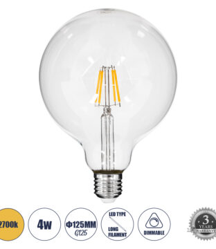 Λάμπα LED Long Filament E27 G125 Γλόμπος 4W 400lm 360° AC 220-240V IP20 Φ12.5 x Υ18cm Θερμό Λευκό 2700K με Διάφανο Γυαλί – Dimmable – 3 Years Warranty