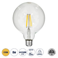 Λάμπα LED Long Filament E27 G125 Γλόμπος 8W 800lm 360° AC 220-240V IP20 Φ12.5 x Υ18cm Θερμό Λευκό 2700K με Διάφανο Γυαλί – Dimmable – 3 Years Warranty