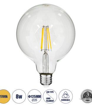 Λάμπα LED Long Filament E27 G125 Γλόμπος 8W 800lm 360° AC 220-240V IP20 Φ12.5 x Υ18cm Θερμό Λευκό 2700K με Διάφανο Γυαλί – Dimmable – 3 Years Warranty