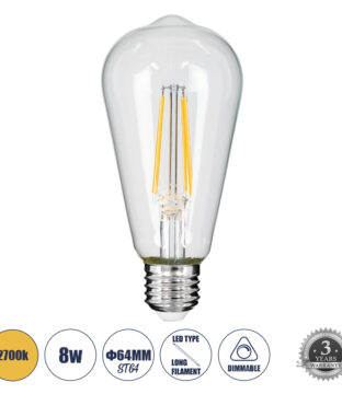 Λάμπα LED Long Filament E27 ST64 Αχλάδι 8W 800lm 360° AC 220-240V IP20 Φ6.4 x Υ14cm Θερμό Λευκό 2700K με Διάφανο Γυαλί – Dimmable – 3 Years Warranty