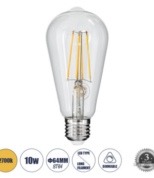 Λάμπα LED Long Filament E27 ST64 Αχλάδι 10W 1000lm 360° AC 220-240V IP20 Φ6.4 x Υ14cm Θερμό Λευκό 2700K με Διάφανο Γυαλί – Dimmable – 3 Years Warranty