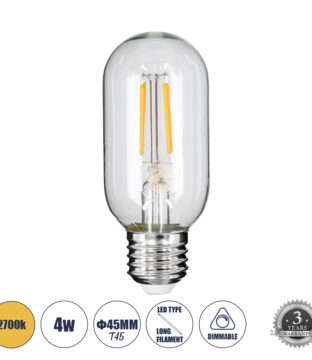 Λάμπα LED Long Filament E27 T45 Σωλήνας 4W 400lm 360° AC 220-240V IP20 Φ4.5 x Υ11cm Θερμό Λευκό 2700K με Διάφανο Γυαλί – Dimmable – 3 Years Warranty