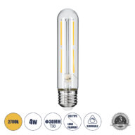 Λάμπα LED Long Filament E27 T30 Σωλήνας 4W 400lm 360° AC 220-240V IP20 Φ3 x Υ13.5cm Θερμό Λευκό 2700K με Διάφανο Γυαλί – Dimmable – 3 Years Warranty