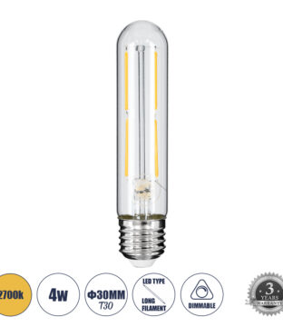 Λάμπα LED Long Filament E27 T30 Σωλήνας 4W 400lm 360° AC 220-240V IP20 Φ3 x Υ13.5cm Θερμό Λευκό 2700K με Διάφανο Γυαλί – Dimmable – 3 Years Warranty