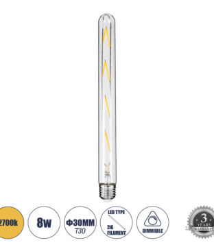 Λάμπα LED Long Filament E27 T30 Σωλήνας 8W 800lm 360° AC 220-240V IP20 Φ3 x Υ30cm Θερμό Λευκό 2700K με Διάφανο Γυαλί – Dimmable – 3 Years Warranty